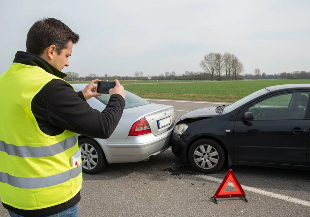 Vodič fotografuje miesto dopravnej nehody pre dokumentáciu poisťovne
