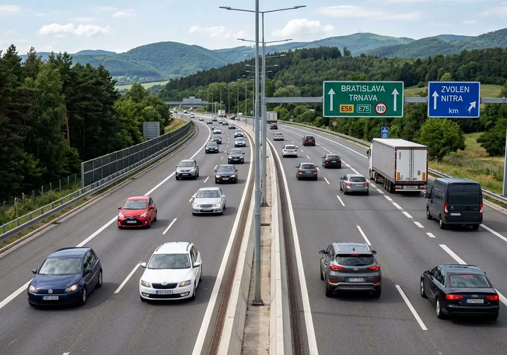 Vodič prechádza bezpečne po diaľnici za jasného dňa