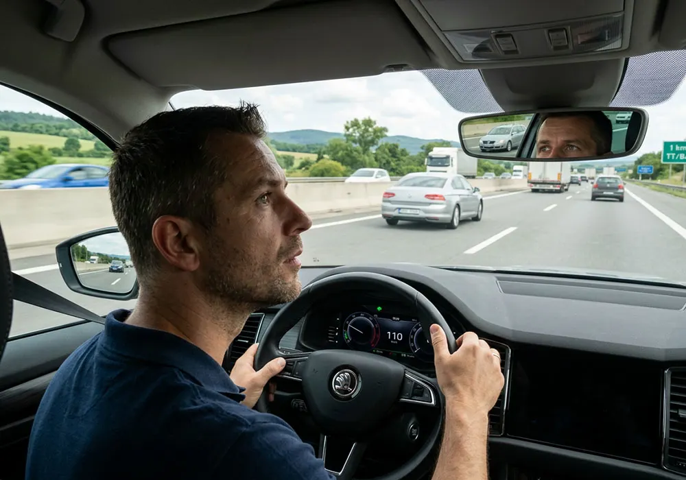 Vodič kontroluje spätné zrkadlo pred predbiehacím manévrom na diaľnici