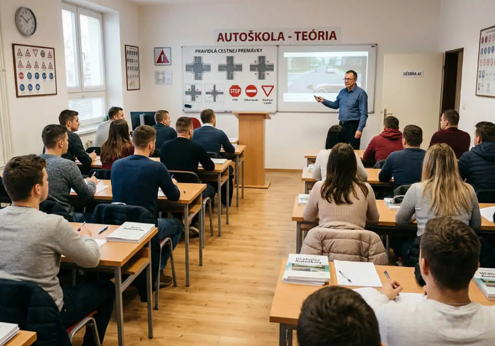 Žiaci autoškoly počas hodiny teórie pred skúškou