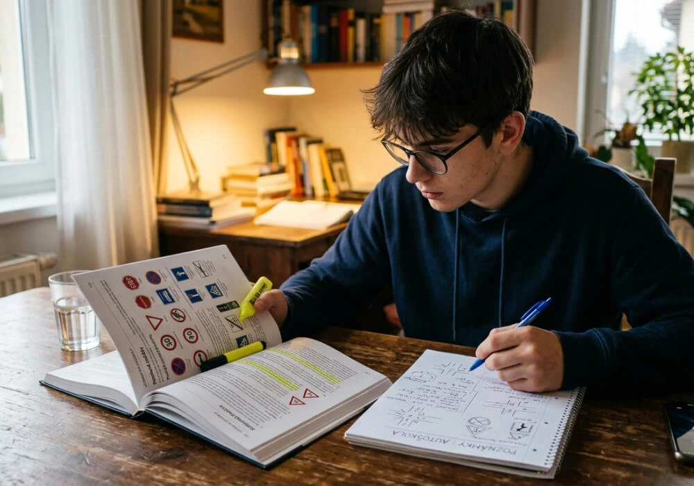 Študent sa pripravuje na skúšku z dopravných predpisov v autoškole