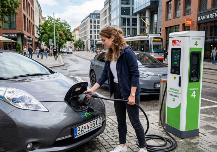 Začiatočník nabíja elektromobil na verejnej nabíjacej stanici ako súčasť každodennej jazdy