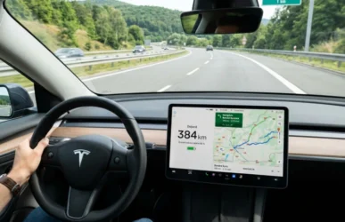 Displej elektromobilu pre začiatočníkov zobrazujúci zostatkový dojazd batérie