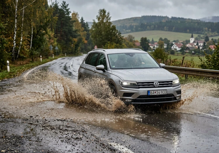 Auto prechádzajúce cez mláku na mokrej vozovke a riziko aquaplaningu počas jazdy v daždi
